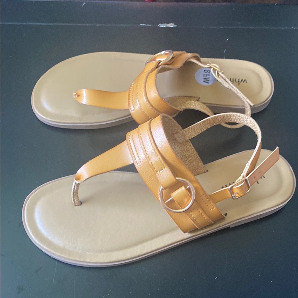 New, Never Worn Whitemt Tan Sandals with Gold Accents and Adjustable Ankle Strap